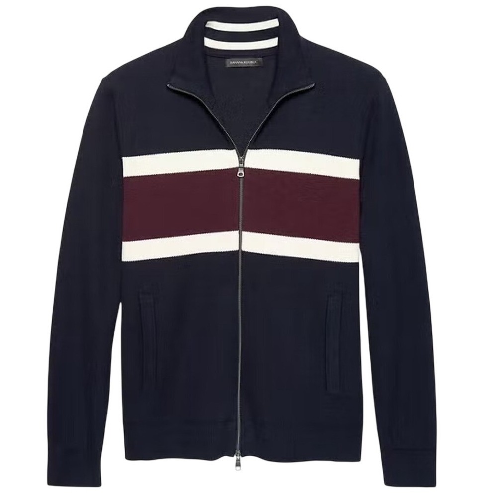 Banana Republic XL Supima Cotton Full Zip Sweater Jacket Navy Burgundy Stripe